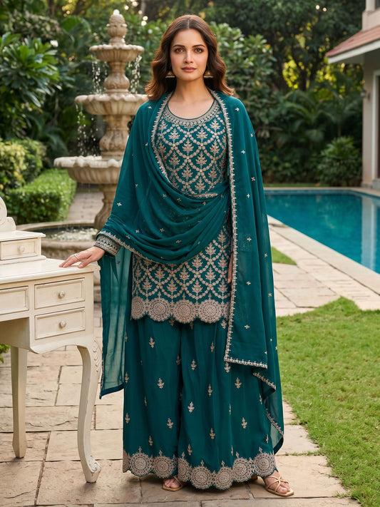 Teal Chinon Work Palazzo Suit