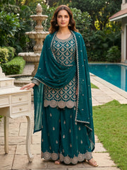 Teal Chinon Work Palazzo Suit