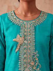 Turquoise Chinnon Silk Palazzo Style Suit