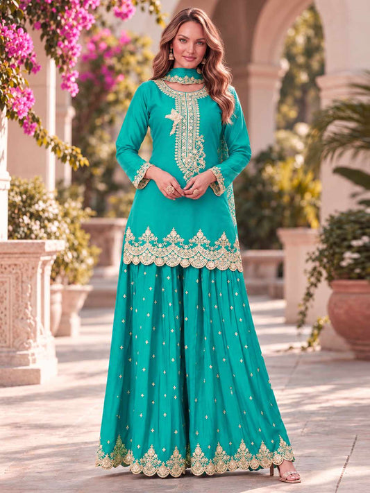 Turquoise Chinnon Silk Palazzo Style Suit