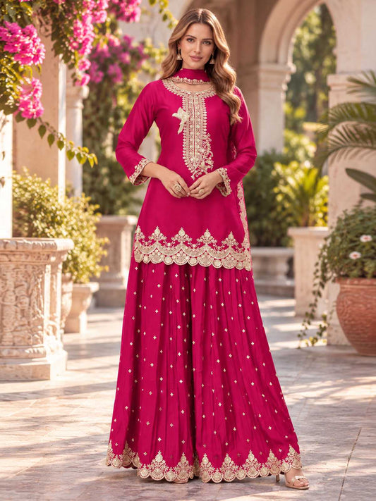 Hot Pink Chinnon Silk Palazzo Style Suit