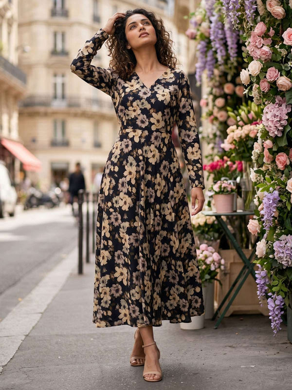 Black Georgette Flower Print Umbrella Frock