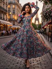Grey Georgette Flower Print Umbrella Frock