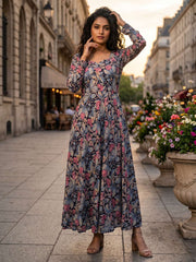Grey Georgette Flower Print Umbrella Frock