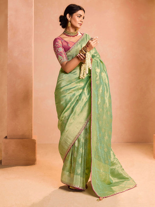 Captivating Green Zari Weaving Silk Event Wear Saree With Blouse
