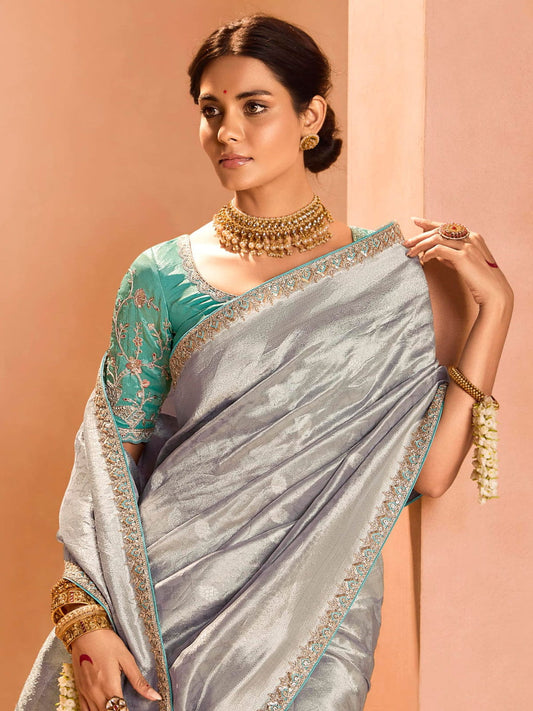 Fascinating Grey Zari Weaving Silk Traditional Saree With Blouse