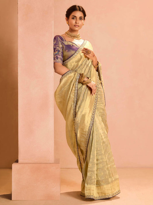 Mesmerizing Ivory Zari Weaving Silk Wedding Saree With Blouse