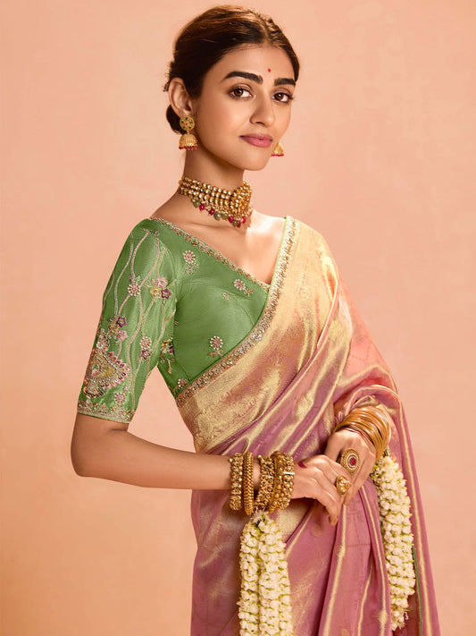 Bewitching Rose Gold Zari Weaving Silk Festival Wear Saree With Blouse