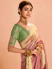 Bewitching Rose Gold Zari Weaving Silk Festival Wear Saree With Blouse