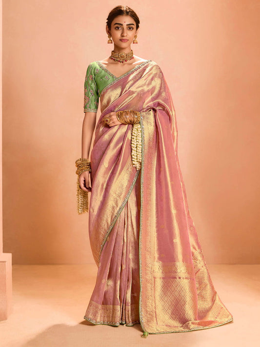 Bewitching Rose Gold Zari Weaving Silk Festival Wear Saree With Blouse