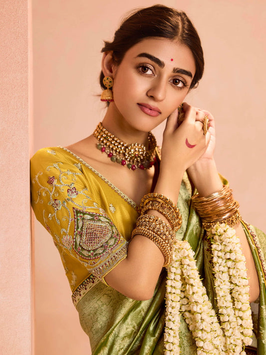 Attractive Olive Green Zari Weaving Silk Mehendi Wear Saree With Blouse