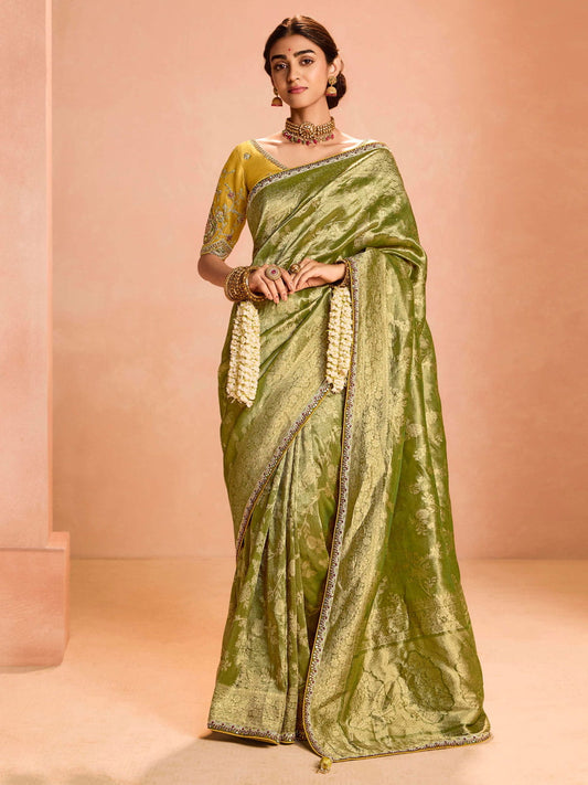 Attractive Olive Green Zari Weaving Silk Mehendi Wear Saree With Blouse