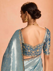 Lovely Dusty Blue Zari Weaving Silk Event Wear Saree With Blouse