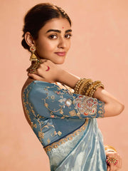 Lovely Dusty Blue Zari Weaving Silk Event Wear Saree With Blouse