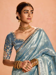 Lovely Dusty Blue Zari Weaving Silk Event Wear Saree With Blouse