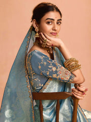 Lovely Dusty Blue Zari Weaving Silk Event Wear Saree With Blouse