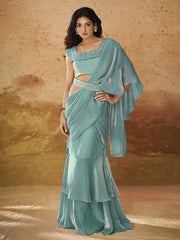 Pretty Turquoise Ruffles Work Organza Ready To Wear Saree With Blouse