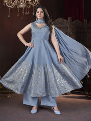 Designer Sky Blue Foil Print Kurti Set with Mirror Work