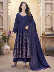 Navy Blue Silk Foil Print Kurti Set with Mirror Work