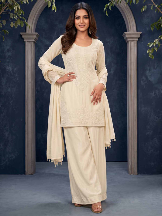 White Premium Chinnon Silk Festive Trendy Palazzo Suit