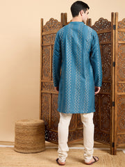 Teal Ethnic Motifs Printed Mandarin Collar A-Line Kurta