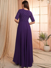 Purple Floral Embroidered V-Neck Georgette Maxi Ethnic Motifs Dress