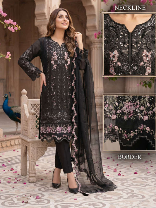 Black Chiffon Embroideres Khatli Work Kurta Set