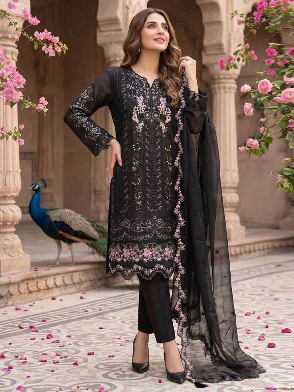 Black Chiffon Embroideres Khatli Work Kurta Set