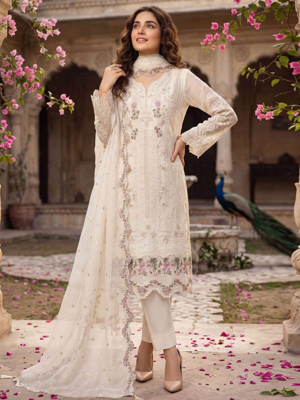 Off White Chiffon Embroideres Khatli Work Kurta Set