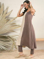 Brown & cream Colourblocked Shoulder Strap A-Line Kurta With Trousers