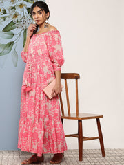 Pink Floral Printed Off-Shoulder Fit & Flare Ethnic Dress
