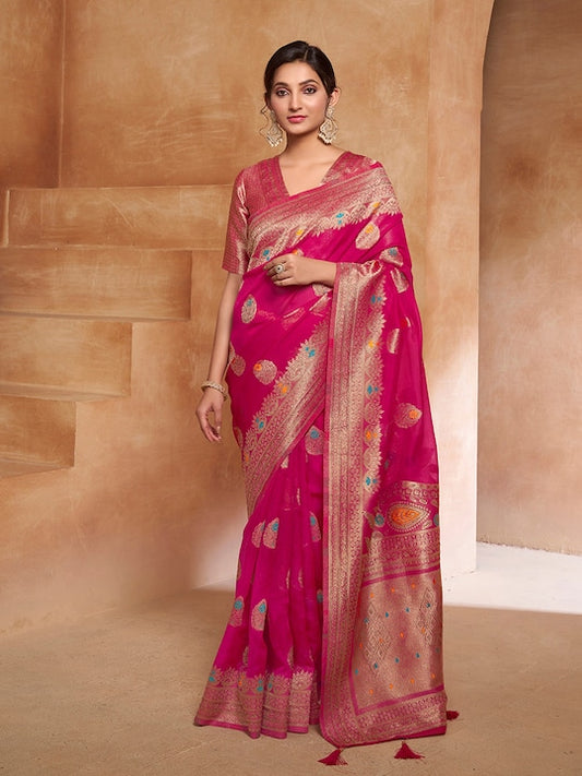 Magenta Ethnic Motif Woven Design Zari Organza Saree