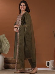 Green Ethnic Motifs Yoke Design Thread Work Pure Silk Straight Kurta Trousers & Dupatta
