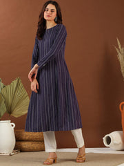 Purple Ethnic Woven Design Round Neck Panelled Cotton A-Line Kurta