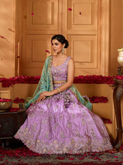 Lavender Satin Silk Fabric Sequins embroidery Semi-Stitched Lehenga & Unstitched Blouse With Dupatta