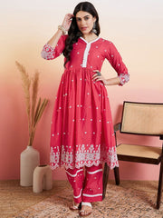 Pink & White Floral Embroidered Flared V-Neck Kurta & Palazzo