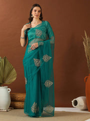 Turquoise Ethnic Motifs Zari Net Saree