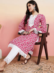 Pink & White Floral Printed Thread Work Straight Kurta