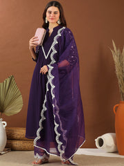 Women Purple Floral Embroidered Pleated Thread Work Kurta with Palazzos & With Dupatta