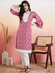 Pink & White Floral Printed Thread Work Straight Kurta