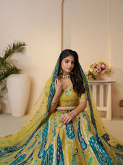 Alluring Bel Butti pattern Golden Sangeet Lehenga Choli