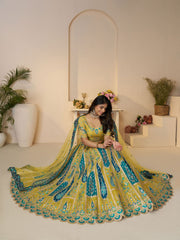Alluring Bel Butti pattern Golden Sangeet Lehenga Choli