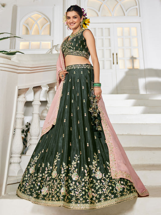 Olive colour Chiffon Sequinse embroidery Semi-Stitched Lehenga choli and Dupatta