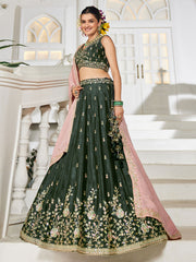 Olive colour Chiffon Sequinse embroidery Semi-Stitched Lehenga choli and Dupatta