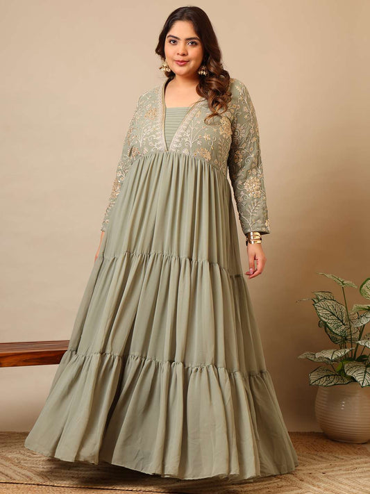 Embroidered V-Neck Fit & Flare Ethnic Dresses