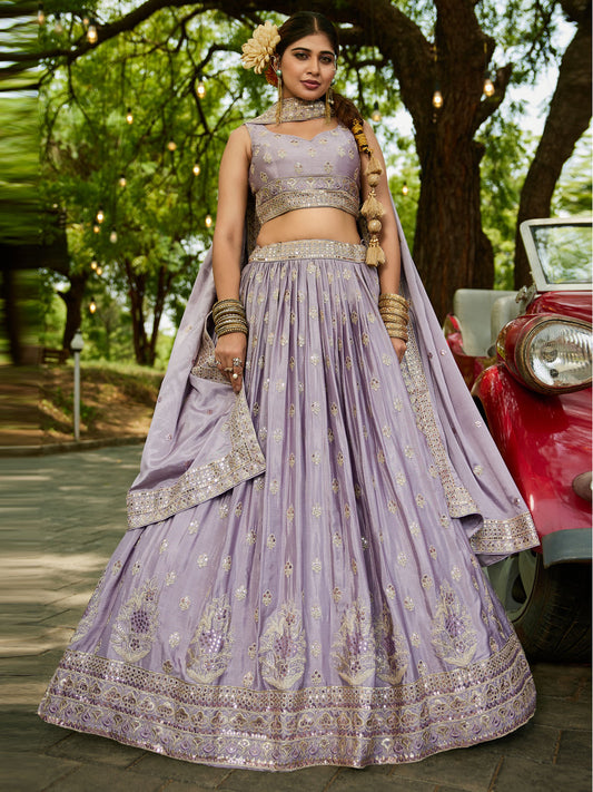 Mauve colour Chiffon Sequinse embroidery Semi-Stitched Lehenga choli and Dupatta