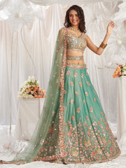 LIMEGREEN Organza Sequins embroidery Semi Stitched Lehenga choli and Dupatta