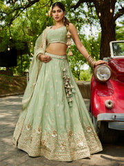 Lime Green colour Chinnon Sequinse embroidery Semi-Stitched Lehenga choli and Dupatta