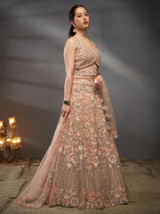 Peach Net Multi Sequins with heavy Zarkan embroidery Semi-Stitched Lehenga choli & Dupatta
