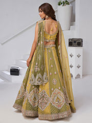 Mustard & Green Double Dupatta Lehenga with Intricate Zari and Resham Work